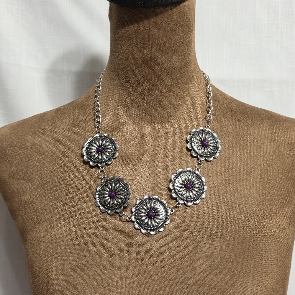 Paparazzi Purple Silver Tone Floral Statement Necklace Matching Earrings Set